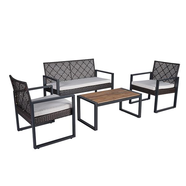 4-Piece Patio Furniture Set Outdoor Balcony Porch Garden Backyard Lawn Furniture Acacia Wood Table Top, Morden Brown and Beige Cushion