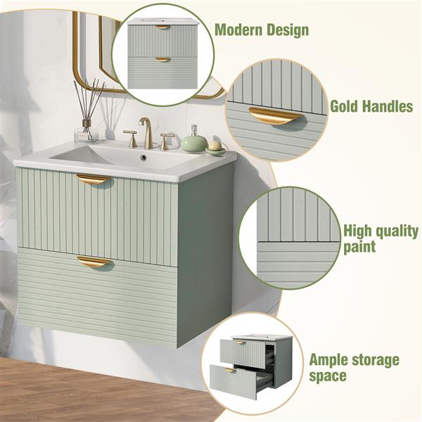 Modern 24-Inch Wall-Mounted Bathroom vanity with 2 Drawers, Green - Ideal for Small Bathrooms