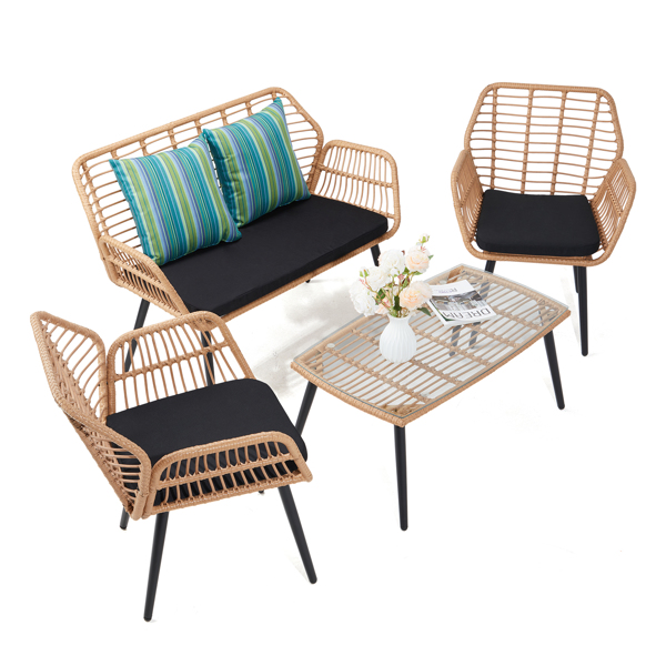 4-Piece Patio Furniture Outdoor Bistro Set, All Weather Rattan Conversation Bistro Loveseat Chair and Table Set for Backyard Balcony Deck