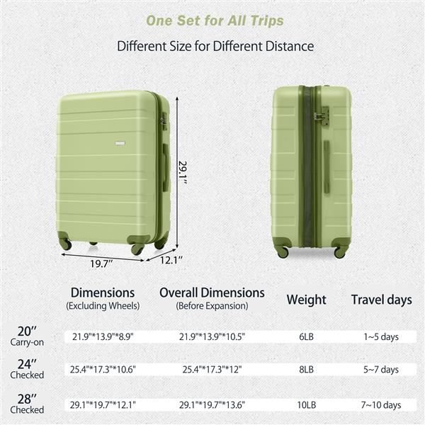 Luggage Sets New Model Expandable ABS Hardshell 3pcs Clearance Luggage Hardside Lightweight Durable Suitcase sets Spinner Wheels Suitcase with TSA Lock 20''24''28''( Light Green)