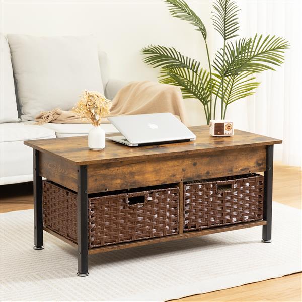 Metal coffee table,desk,with a lifting table,and hidden storage space.There were two removable wicker baskets that could be placed in any space such as the living room,color:brown with fire wood grain