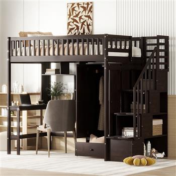 Twin size Loft Bed with Bookshelf,Drawers,Desk,and Wardrobe-Espresso