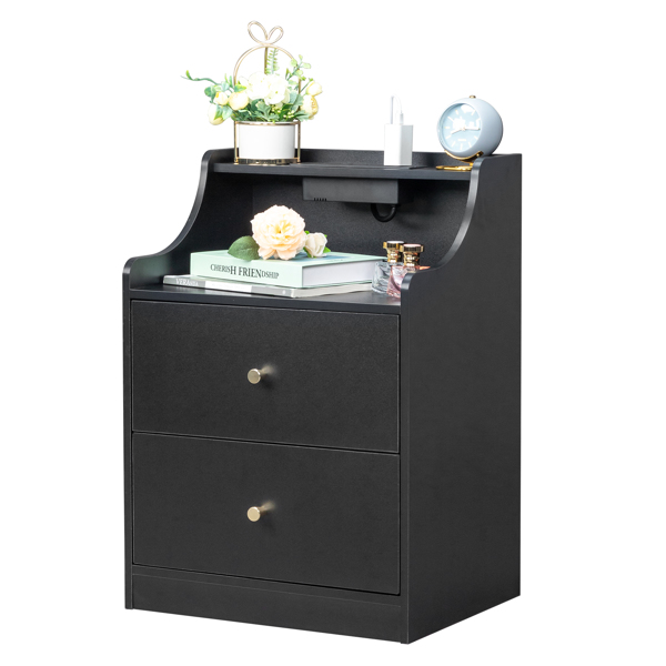 FCH black particle board with triamine matt gold tapered handle 45*35*63cm two drawers with compartments bedside table 1 wireless + 2 USB ports + 2 US standard three-plug ports