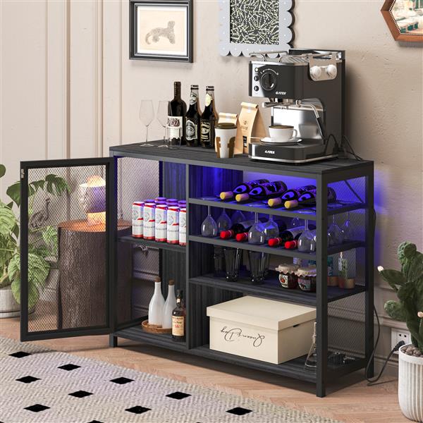 Bar Cabinet,Wine Bar Cabinet,Liquor Storage Credenza,Sideboard with Wine Racks & Stemware Holder,With UAB socket,Metal bracket,placed in family bars,hallways,living rooms,Color:Gray+Silver silk thread