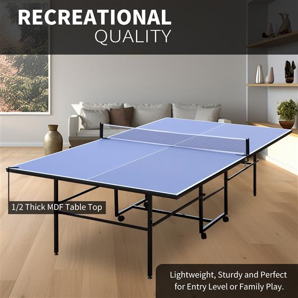 9ft Mid-Size Table Tennis Table Foldable & Portable Ping Pong Table Set for Indoor & Outdoor Games with Net, 2 Table Tennis Paddles and 3 Balls