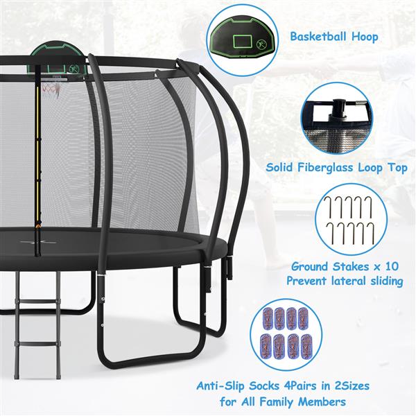 12FT Trampoline for Kids with Upgraded ArcPole and Composite TopLoop for Safety Enclosure, Plus Basketball Board and 10 Ground Stakes, Outdoor Recreational Playset Balance Physical Training Trampoline