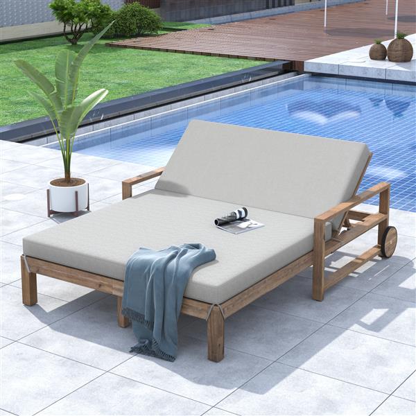 1-Piece Farmhouse-styled Wooden Outdoor Sunbed for Ultimate Relaxation Outdoor Daybed Seating 2 People for Poolside, Garden and Backyard (Grey)