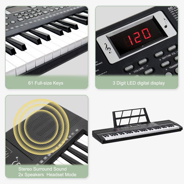 [Am à vendre] Glarry GEP-110 Clavier à 61 touches avec support de piano, banc de piano, haut-parleurs intégrés, casque, microphone, repose-partition, écran LED, 3 modes d'enseignement pour débutants