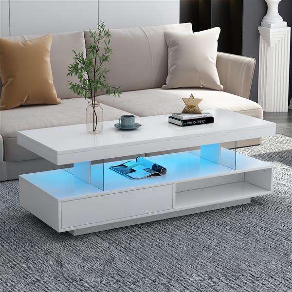 LED Coffee Table with Storage, Modern Center Table with 2 Drawers and Display Shelves, Accent Furniture with LED Lights for Living Room,White