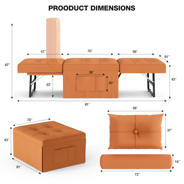 Sofa Bed, 4 in 1 Convertible Chair Multi-Function Folding Ottoman Guest Bed with Adjustable Backrest for Living Room, Apartment, Office 71.9''W