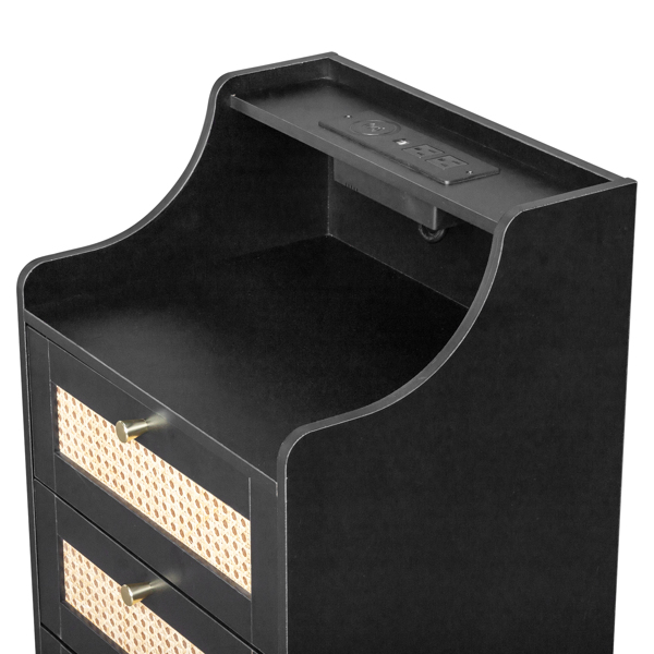 FCH black particle board with triamine matt gold tapered handle 45*35*63cm rattan two drawers with compartments bedside table 1 wireless + 2 USB ports + 2 US standard three-plug ports