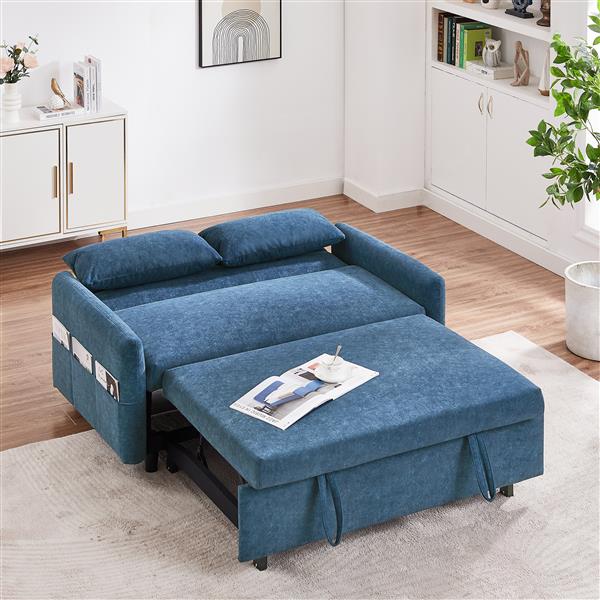 55.1" Pull Out Sleep Sofa Bed Loveseats Sofa Couch with Adjsutable Backrest, Storage Pockets, 2 Soft Pillows, USB Ports for Living Room, Bedroom, Apartment, Office, Blue