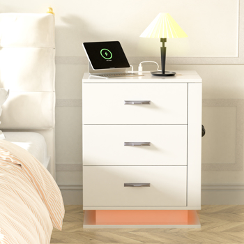 RGB LED With with Charging Station and USB Ports 3 Drawer Side Cabinet Bedside Table Nightstand Left Side White