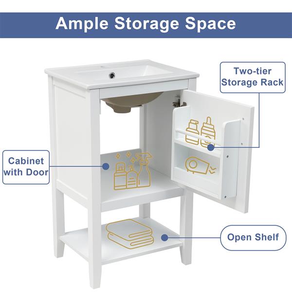 20" Bathroom Vanity with Sink, Bathroom Cabinet with Soft Closing Door, Storage Rack and Open Shelf, White