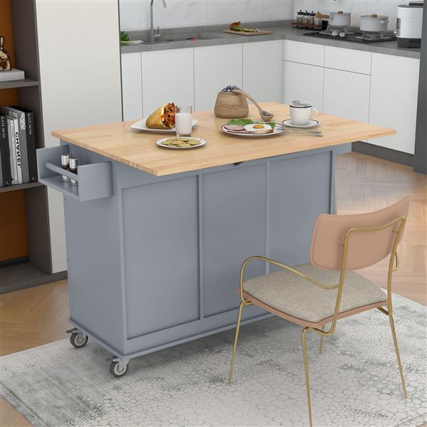 Rolling Mobile Kitchen Island with Solid Wood Top and Locking Wheels,52.7 Inch Width,Storage Cabinet and Drop Leaf Breakfast Bar,Spice Rack, Towel Rack & Drawer (Grey Blue)