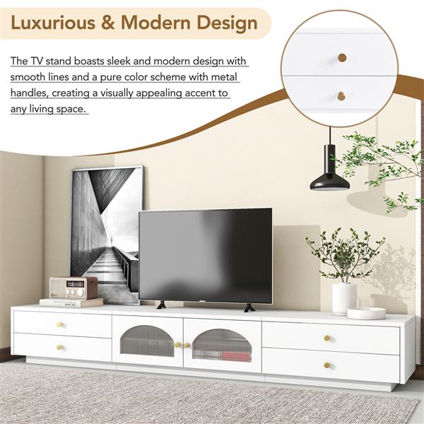 Luxurious TV Stand with Fluted Glass Doors, Elegant and Functional Media Console for TVs Up to 95'', Tempered Glass Shelf TV Cabinet with Multiple Storage Options, White