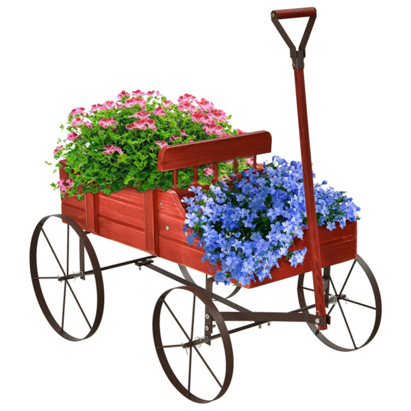 Wooden plant frame with wheels, red planting pot