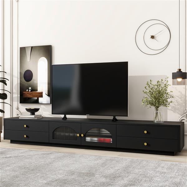 Luxurious TV Stand with Fluted Glass Doors, Elegant and Functional Media Console for TVs Up to 95'', Tempered Glass Shelf TV Cabinet with Multiple Storage Options, Black