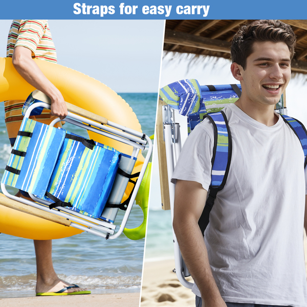 1pc Folding Beach Chair, 4 Position Portable Backpack Foldable Camping Chair with Headrest Cup Holder and Wooden Armrests, Blue & Green Stripes