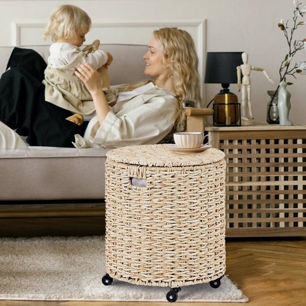 Vintage Storage Basket, Multipurpose Rolling Hamper With Brakable Wheels and Lid, Braid Laundry Bin, Handwave Clothes Toy Organizer Tote for Living Room