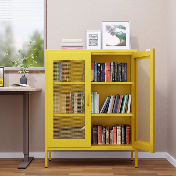  Metal Storage Cabinet with Mesh Doors, Liquor Cabinet with Adjustable Shelves for Kitchen,  Living Room, Home Office, yellow