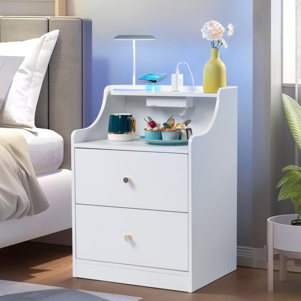 FCH White particleboard with triamine Matt gold tapered handle 45*35*63cm 2 drawers with compartments Bedside table 1 wireless + 2 USB ports + 2 US standard three-pin ports