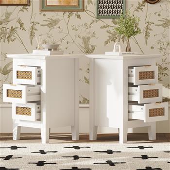 Wooden Nightstands Set of 2 with Rattan-Woven Surfaces and Three Drawers, Exquisite Elegance with Natural Storage Solutions for Bedroom, White