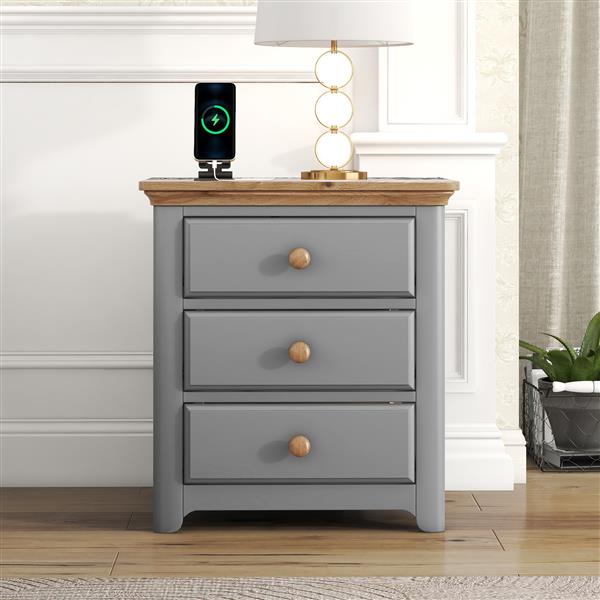 Wooden Nightstand with USB Charging Ports and Three Drawers,End Table for Bedroom,Gray+Natrual