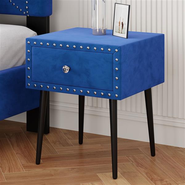 Modern Nightstands Set of 2 with Drawer and Crystal Handle, Elegant Rivet Velvet Design Bedside Table for Bedroom, Blue