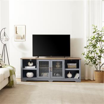 Modern Farmhouse TV Media Stand, Large Home Entertainment Console, for TV Up to 80\\'\\', with Open Shelves and Glass Door Cabinets, Light Blue and Light Oak, 70\\"W*15.55\\"D*26.85\\"H