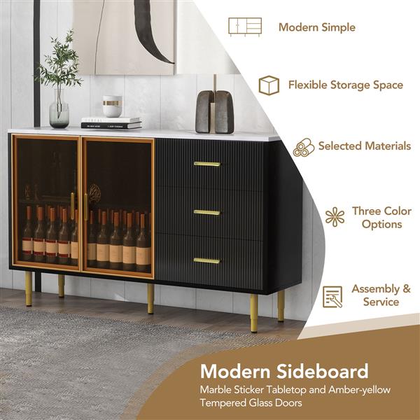 Modern Sideboard MDF Buffet Cabinet Marble Sticker Tabletop and Amber-yellow Tempered Glass Doors with Gold Metal Legs & Handles (Black)