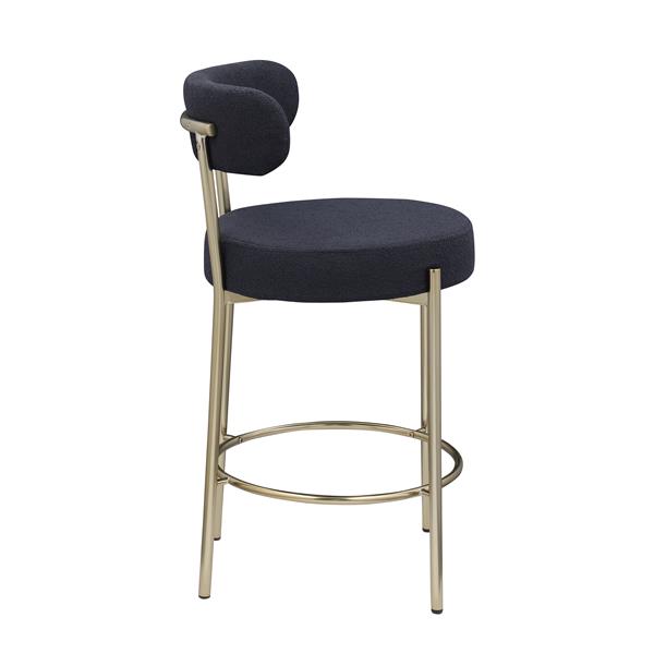 Modern Sherpa Counter Height Stools Set of 2, Uphsoltered 26" Seat Height Barstools with Brushed Brass Metal Legs Round Low Back Kitchen Stools with Footrest for Dining Room, Black