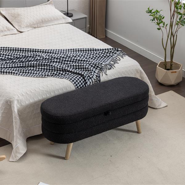 036-Boucle Fabric Storage Bench Bedroom Bench With Wood Legs For Living Room Bedroom Indoor,Black