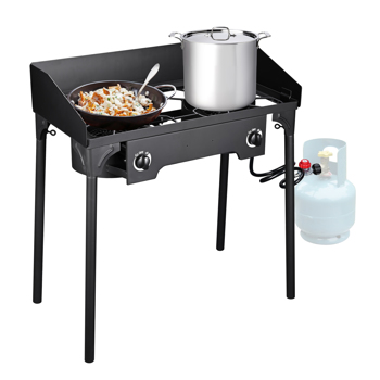  Double Burner Stove 150,000 BTU/hr, Heavy Duty Outdoor Dual Propane with Windscreen and Detachable Legs Stand for Camping Cookout（No shipments on weekends）