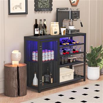 Bar Cabinet,Wine Bar Cabinet,Liquor Storage Credenza,Sideboard with Wine Racks & Stemware Holder,With UAB socket,Metal bracket,placed in family bars,hallways,living rooms,Color:Gray+Silver silk thread