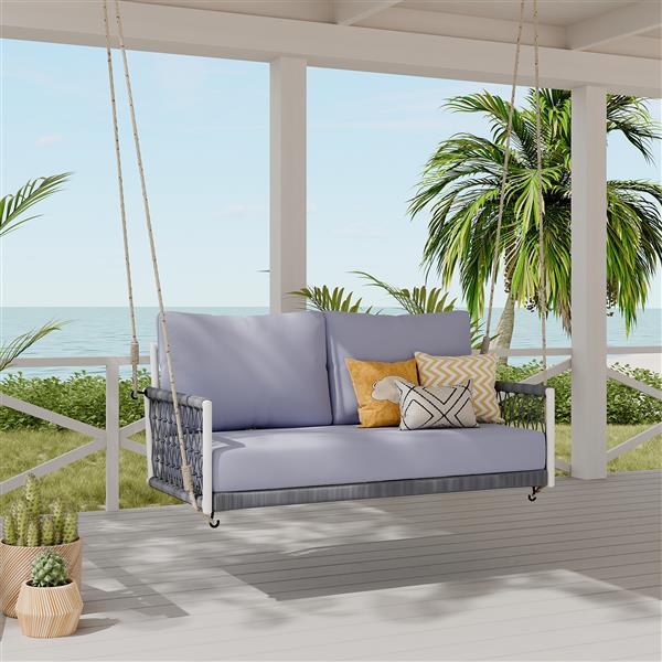 1-Piece Woven Rope Outdoor Swing Sofa with Soft Cushions Seating 2 for Patio, Courtyard and Balcony (Light Grey)