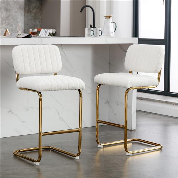 Mid-Century Modern Counter Height Bar Stools for Kitchen Set of 2, Armless Bar Chairs with Gold Metal Chrome Base for Dining Room, Upholstered Fabric Counter Stools,Ivory