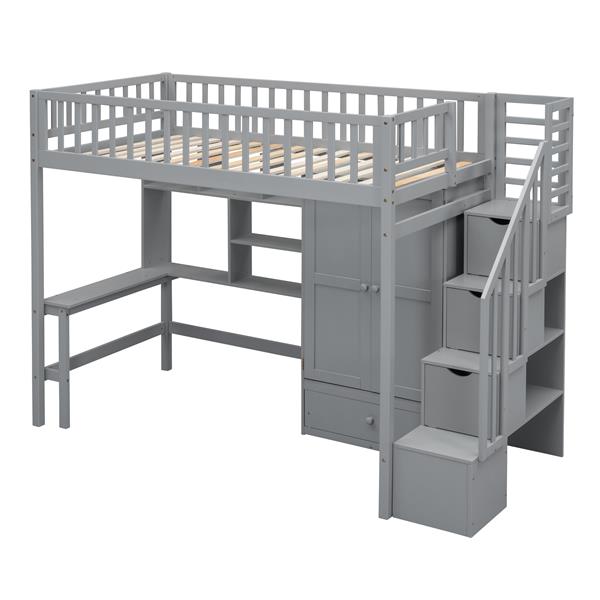 Twin size Loft Bed with Bookshelf,Drawers,Desk,and Wardrobe-Gray