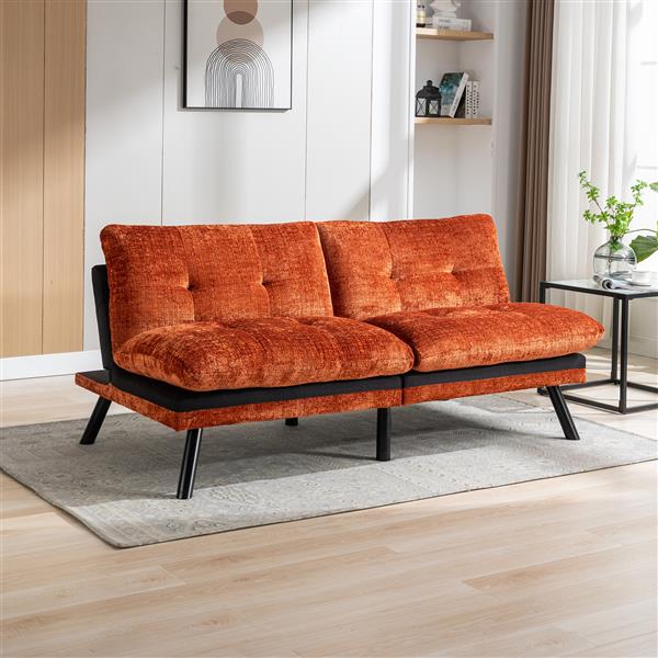 Convertible Sofa Bed  Loveseat Futon Bed Breathable Adjustable Lounge Couch with Metal Legs,Futon Sets for Compact Living Space  Chenille- Orange