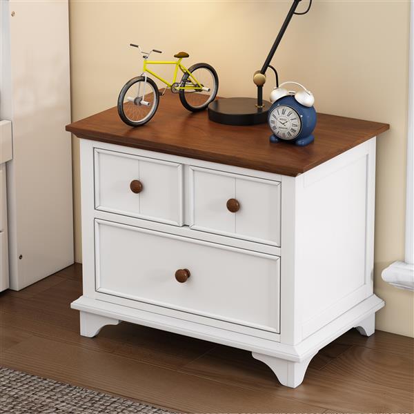 Two-Drawer Nightstand Kids Night Stand  End Side Table for Bedroom, Living Room, Kids' Room, White+Walnut