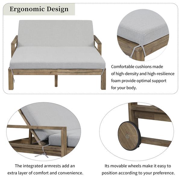 1-Piece Farmhouse-styled Wooden Outdoor Sunbed for Ultimate Relaxation Outdoor Daybed Seating 2 People for Poolside, Garden and Backyard (Grey)