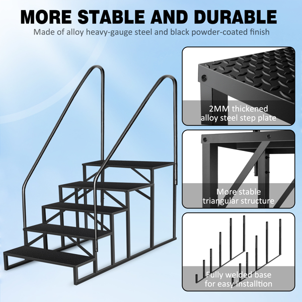 5 Step Ladder with Handrail, Swimming Pool Ladder Above Ground, 660 lb Load Capacity RV Steps with Anti-Slip Panel, Mobile Home Stairs for Reaching and Getting High