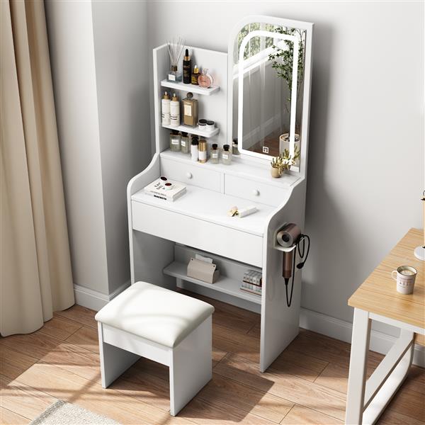 Fashion Vanity Desk with Mirror and Lights for Makeup with hair dryer holder and Chair, Vanity Mirror with Lights and Table Set with 3 Color Lighting Brightness Adjustable, 3 Drawers, White Color