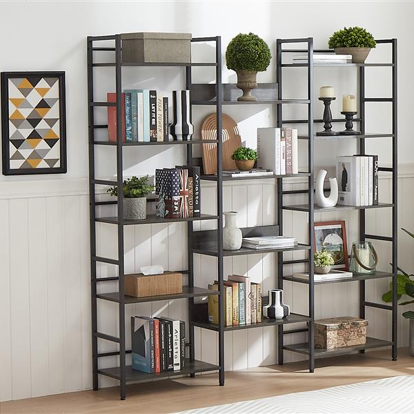 Triple Wide 5-shelf Bookshelves Industrial Retro Wooden Style Home and Office Large Open Bookshelves, Dark Grey, 69.3"W x 11.8"D x 70.1"H