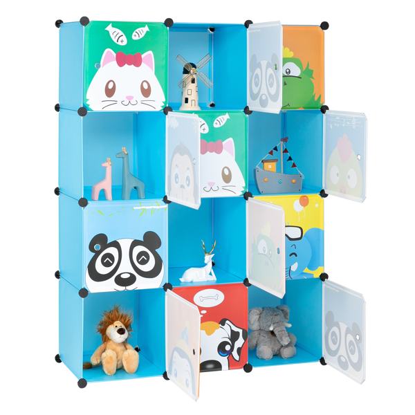 4-Layer 12-Grid 2-Hanging Rod Magic Cube Wardrobe, Plastic + Steel Wire Material with Animal Pattern, Pattern Door Blue Cabinet