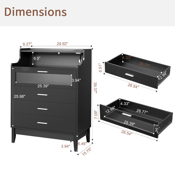 Particleboard Wood 4 Drawers with Shelf & LED Light Strips & Charging Station & USB Ports Dresser Bed Table Black