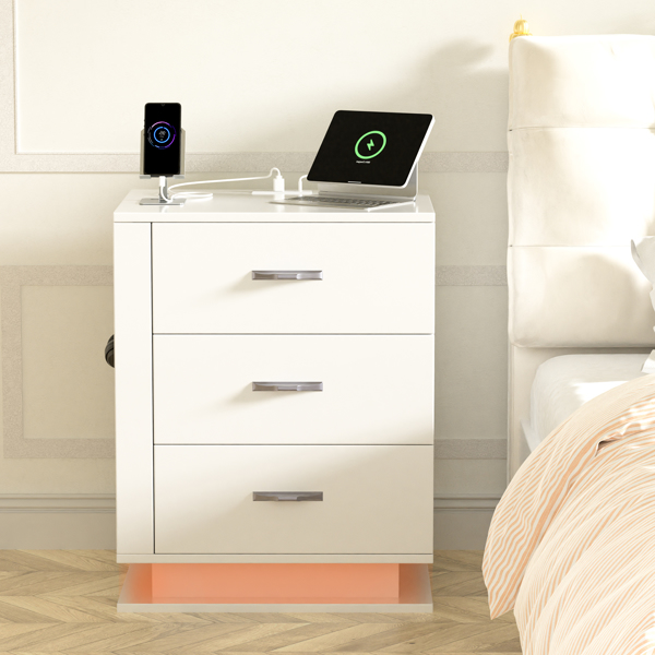 RGB LED With with Charging Station and USB Ports 3 Drawer Side Cabinet Bedside Table Nightstand Right Side White