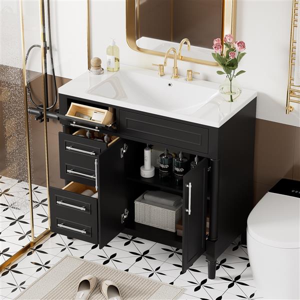 36'' Bathroom Vanity with Top Resin Sink,  Bathroom Storage Cabinet with 2 Drawers and a Tip-out Drawer, Solid Wood Frame Vanity Set, Height Adjustable Shelf