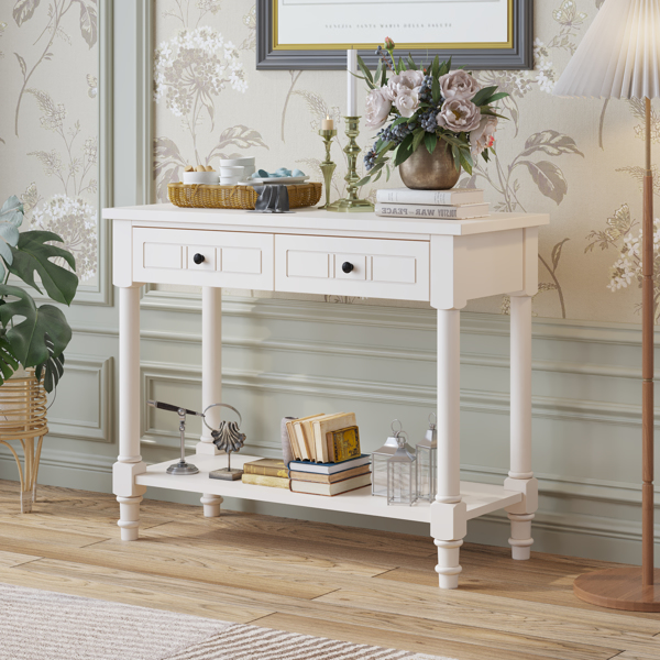 2-Tier Console Table with 2 Drawers， Console Tables for Entryway, Sofa Table with Storage Shelves, Entryway Table Behind Sofa Couch, for Living Room, Kitchen, Cream White