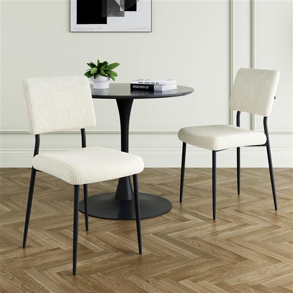 Modern beige simple velvet dining chair fabric upholstered chair Family bedroom stool back dressing, black round table set, chair black metal legs (set of 3)